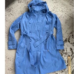 Rachel Zoe Blue Hooded Trench Coat‎ Double Breasted Belted Jacket Womens Medium